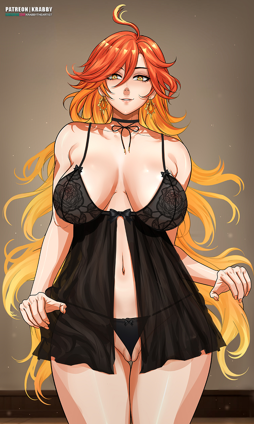 krabbytheartist, mavuika (genshin impact), genshin impact, 1girl, artist name, bare shoulders, black panties, breasts, choker, collarbone, earrings, female focus, jewelry, large breasts, lingerie, long hair, looking at viewer, multicolored hair, panties, patreon username, pussy, red hair, simple background, thighs, underwear, yellow eyes