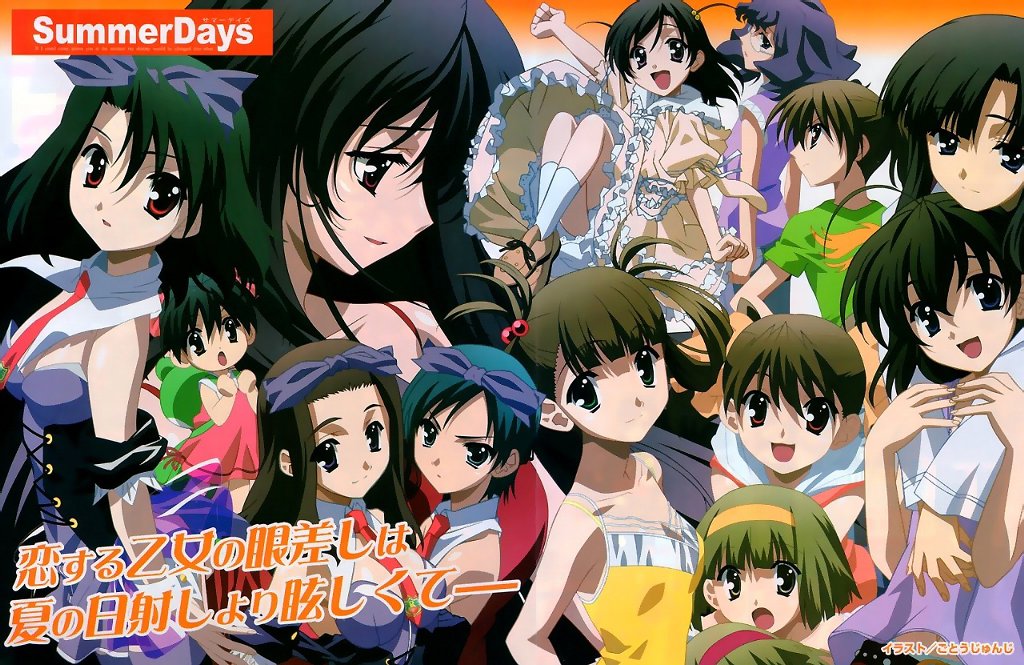 hashimoto oruha, itou itaru, katou karen, katou otome, katsura kokoro, katsura kotonoha, kiyoura setsuna, kuroda hikari, murayama noan, nijou futaba, nijou kazuha, saionji sekai, saionji youko, yamagata ai, school days, summer days, official art, 00s, 6+girls, ahoge, bow, brown eyes, brown hair, everyone, green eyes, green hair, hairband, multiple girls, red eyes, twintails