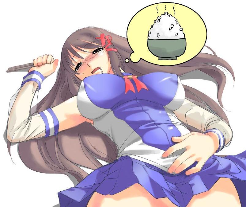 xp-tan, os-tan, troubled windows, 1girl, blue skirt, blush, bowl, breasts, brown hair, chopsticks, closed eyes, covered erect nipples, detached sleeves, dreaming, female focus, hair ribbon, impossible clothes, impossible shirt, large breasts, long hair, nipples, ribbon, rice, rice bowl, saliva, shirt, skirt, sleeping, solo