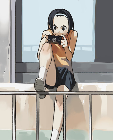 takamichi, lowres, 1girl, black eyes, black hair, camera, female focus, hairband, railing, short hair, skirt, solo
