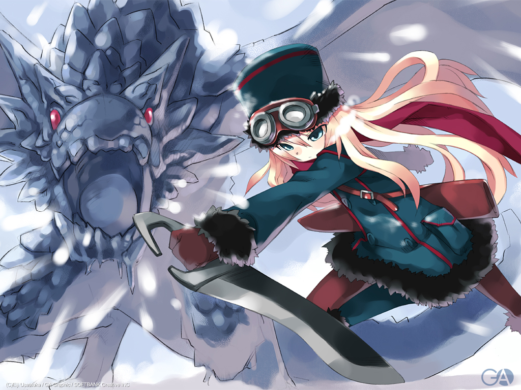 usatsuka eiji, gagraphic, 1girl, blonde hair, dragon, female focus, gloves, goggles, green eyes, hat, long hair, pantyhose, red scarf, scarf, solo, sword, weapon