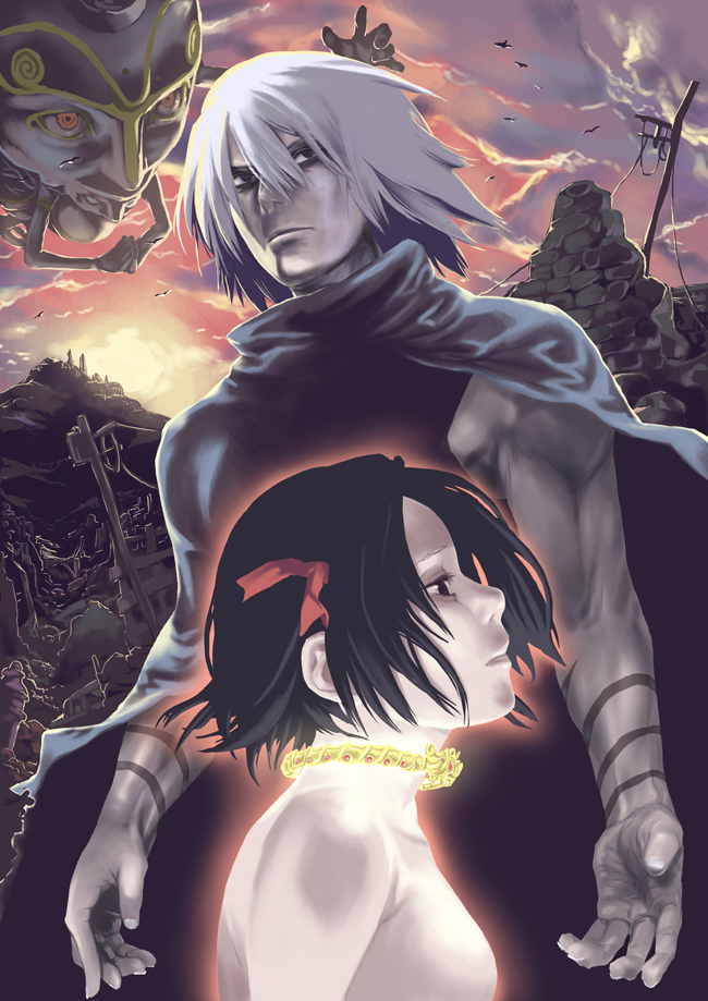asanagi, kaminogi haruka, karasu, karasu (noein), noein, silver hair, wall, 00s, 1boy, 1girl, bird, black hair, cape, destruction, expressionless, flying, from side, glowing, hair between eyes, hair ribbon, jewelry, monster, mountain, muscular, necklace, outdoors, own hands together, pale skin, pole, ribbon, ruins, sky, sleeveless, stone wall, sunset, tattoo