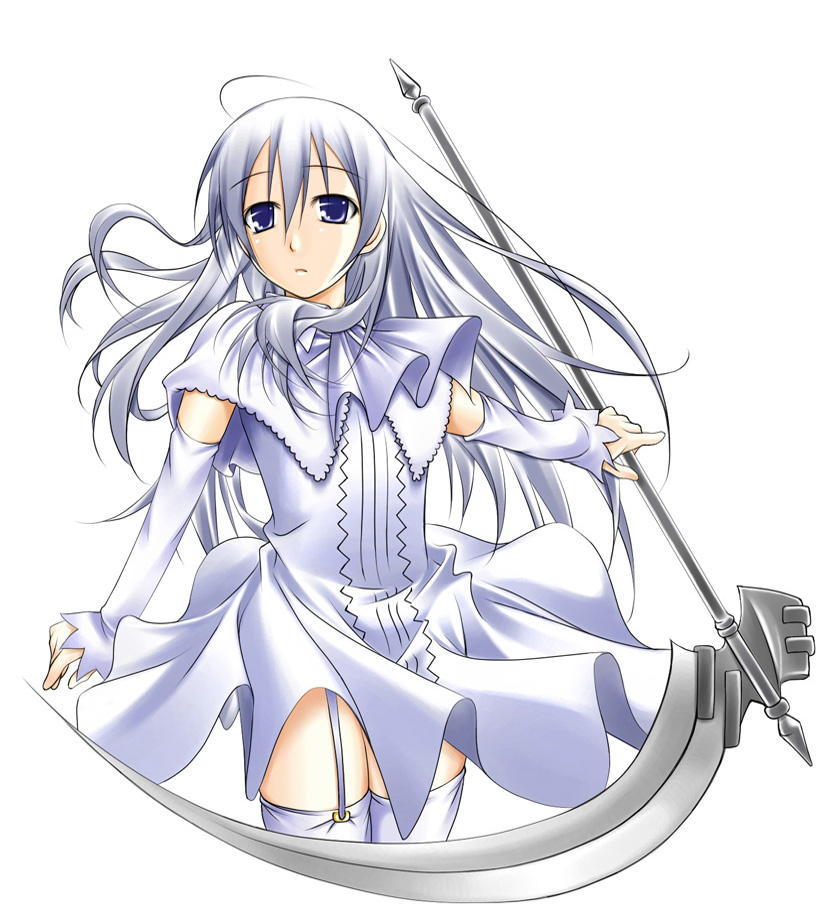 ribucci, momo (shinigami no ballad), shinigami no ballad, 00s, 1girl, blue eyes, dress, female focus, looking at viewer, scythe, solo, thighhighs, white background, white hair, white thighhighs