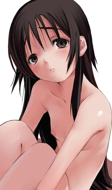 shihira tatsuya, original, 1girl, breasts, brown eyes, brown hair, collarbone, completely nude, female focus, head tilt, long hair, nipples, nude, sidelocks, simple background, sitting, small breasts, solo, very long hair, white background