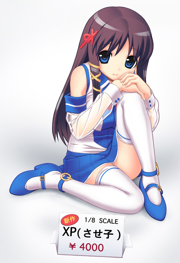takayaki, xp-tan, os-tan, 1girl, ankle strap, bare shoulders, blue dress, blue eyes, blue shoes, blue skirt, brown hair, collar, detached sleeves, dress, female focus, full body, grey background, high heels, long sleeves, looking at viewer, mary janes, price tag, see-through clothes, shoes, simple background, sitting, skirt, sleeveless, sleeveless dress, smile, solo, thighhighs, white thighhighs, zettai ryouiki