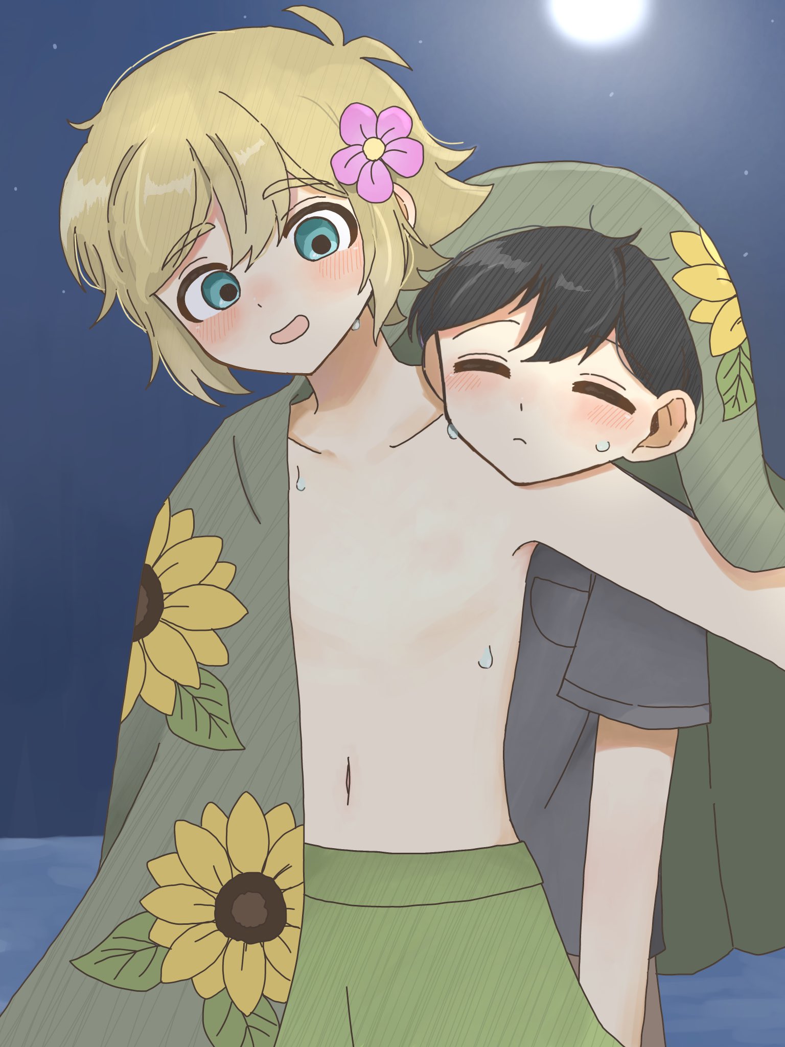 yuuabara, basil (faraway) (omori), basil (omori), sunny (omori), omori, highres, 2boys, alternate costume, antenna hair, black hair, black shirt, blonde hair, blue eyes, blush, breast pocket, brown shorts, closed eyes, closed mouth, green swim trunks, holding, holding towel, looking at another, male focus, male swimwear, moon, multiple boys, navel, night, no nipples, open mouth, outdoors, pocket, shirt, short hair, shorts, sidelocks, smile, sweat, swim trunks, t-shirt, topless male, towel
