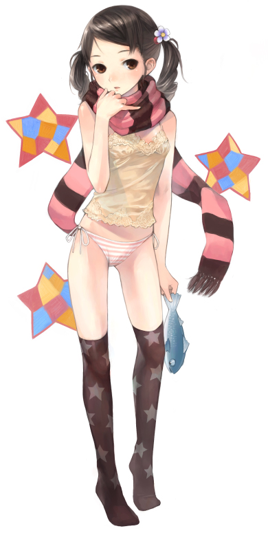 kishida mel, piyodera mucha, original, print legwear, 1girl, black hair, black socks, black thighhighs, blush, brown eyes, brown hair, camisole, female focus, fish, flower, hair flower, hair ornament, kneehighs, lace, legs, lingerie, no pants, orange panties, panties, patterned legwear, print socks, red eyes, scarf, short hair, short twintails, side-tie panties, simple background, socks, solo, standing, star (symbol), star print, striped clothes, striped panties, striped scarf, thighhighs, twintails, underwear, white background