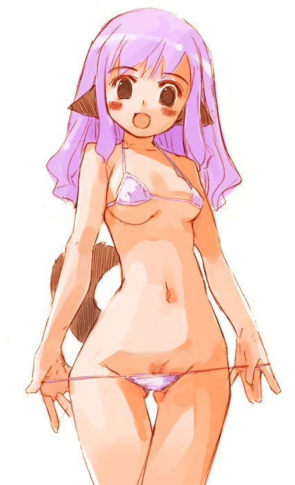 momiji mao, animal ears, arms at sides, bikini, brown eyes, dog ears, female pubic hair, hip focus, long hair, lowleg, lowleg bikini, lowleg panties, panties, pubic hair, purple hair, solo, swimsuit, tail, thigh gap, thighs, underwear, white bikini, wide hips