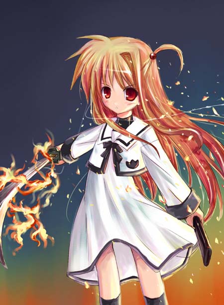 minamura haruki, arisa bunnings, burning arisa, lyrical nanoha, mahou shoujo lyrical nanoha, mahou shoujo lyrical nanoha a's, shakugan no shana, 1girl, crossover, female focus, fire, flaming sword, flaming weapon, parody, scabbard, school uniform, serafuku, sheath, solo, sword, weapon