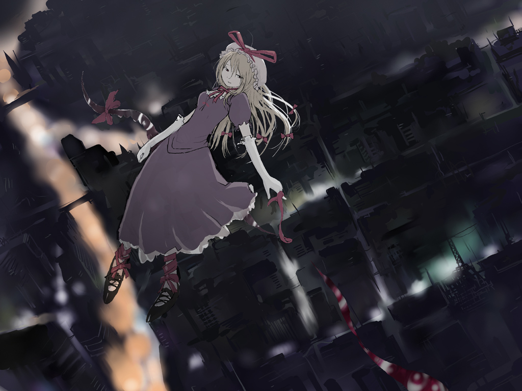 kashmir, yakumo yukari, touhou, 1girl, backlighting, blonde hair, blurry, bow, choker, city, city lights, cityscape, depth of field, elbow gloves, female focus, floating, from above, gap (touhou), gloves, hair bow, hat, hat ribbon, light smile, looking to the side, mob cap, night, perspective, ribbon, shoes, solo
