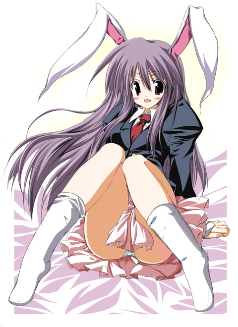 sen (astronomy), reisen udongein inaba, touhou, 1girl, animal ears, arm support, blazer, blush, brown eyes, covering privates, dress shirt, female focus, green panties, jacket, long hair, necktie, panties, pantyshot, purple hair, rabbit ears, red necktie, shirt, sitting, socks, solo, underwear, white socks