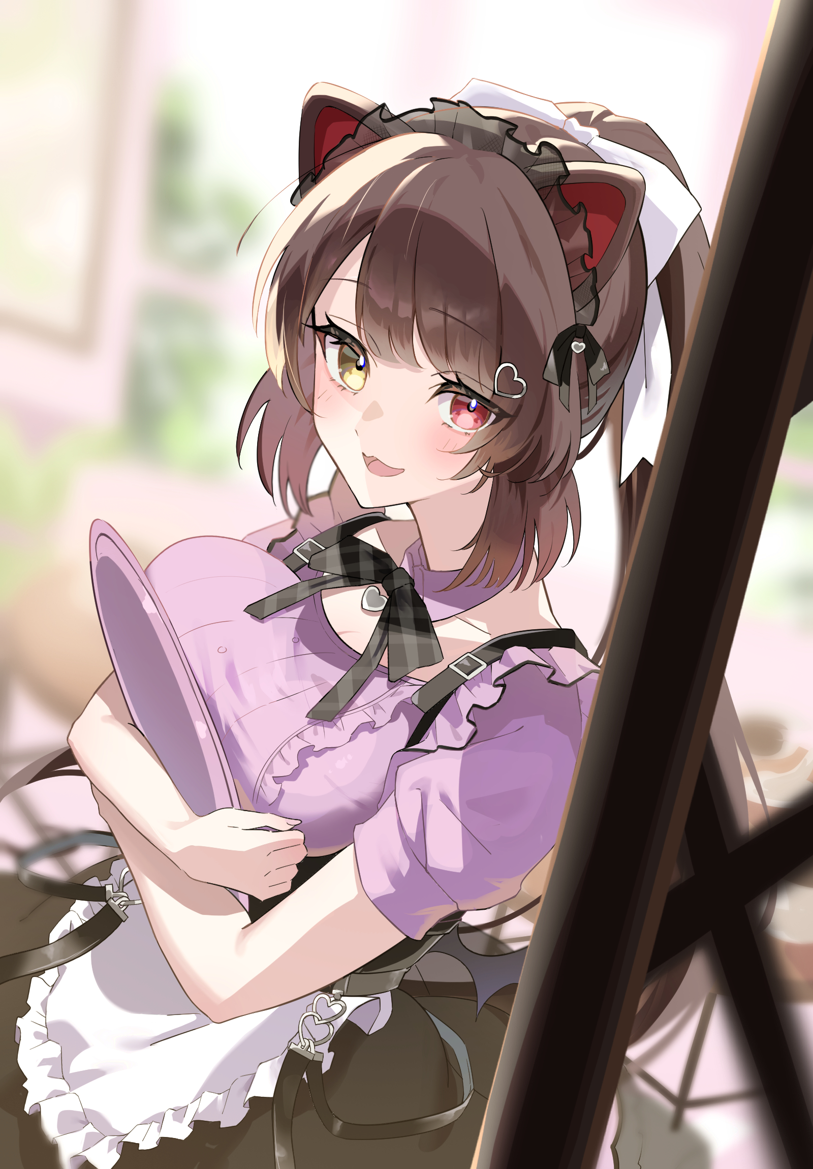 terea236565905, inui toko, nijisanji, commentary request, highres, 1girl, :3, animal ears, apron, black ribbon, black skirt, blurry, blurry background, blush, bow, breast press, breasts, brown hair, cafe cutemare uniform, collar, cowboy shot, crossed arms, depth of field, detached collar, dog ears, frilled apron, frilled shirt, frills, gingham ribbon, grey headdress, hair bow, hair ornament, heart, heart hair ornament, heart pendant, heterochromia, holding, holding tray, large breasts, long hair, looking at viewer, maid headdress, open mouth, pink collar, pink shirt, ponytail, red eyes, ribbon, shirt, short sleeves, skirt, smile, solo, suspenders, tray, very long hair, virtual youtuber, waist apron, waitress, white apron, white bow, yellow eyes