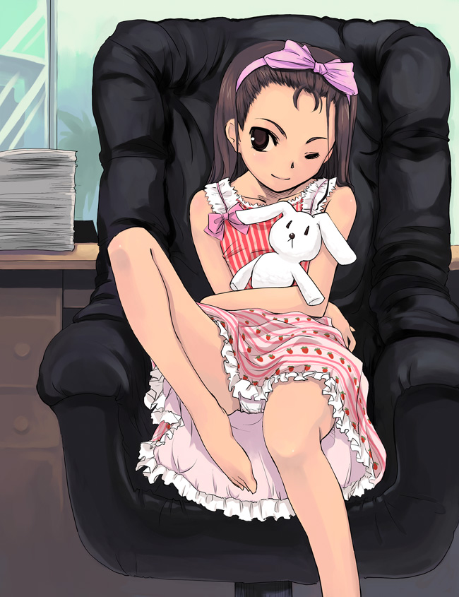 yuu (kfc), minase iori, idolmaster, idolmaster (classic), idolmaster 1, 00s, 1girl, barefoot, brown eyes, brown hair, dress, feet, female focus, food, food-themed clothes, frills, fruit, hair ribbon, leg lift, legs, long hair, one eye closed, panties, pantyshot, pink dress, ribbon, sitting, solo, strawberry, underwear, white panties, wink