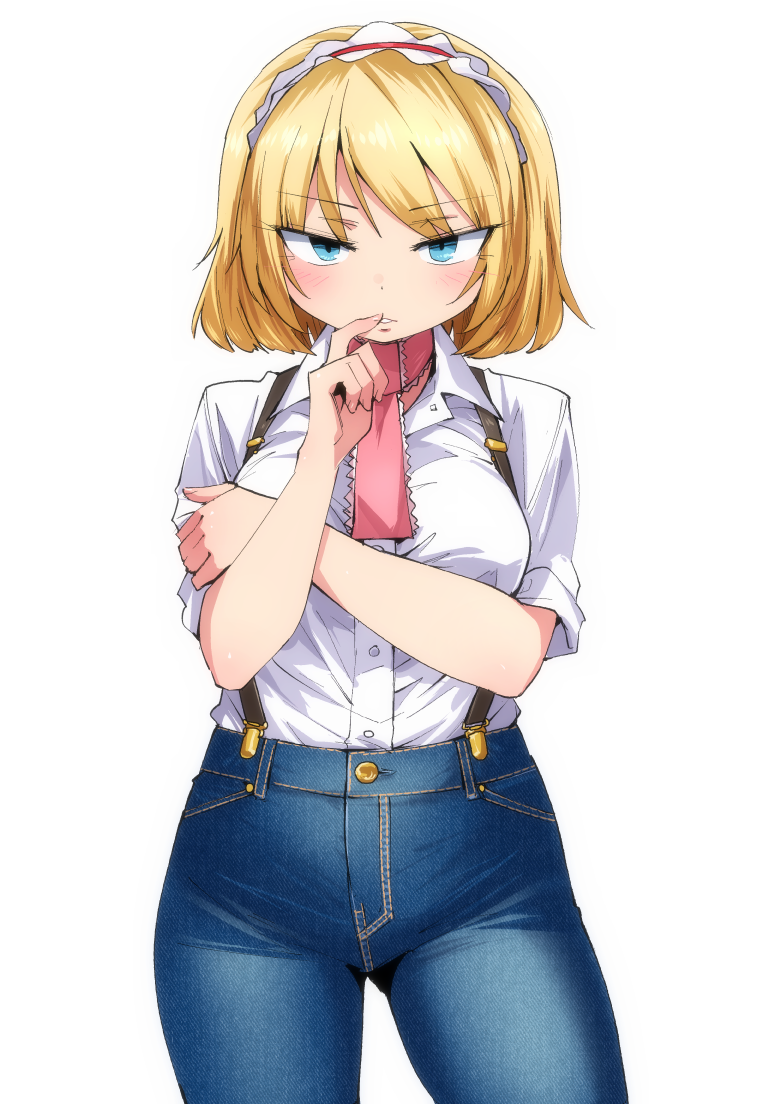 shimizu pem, alice margatroid, touhou, commentary request, 1girl, alternate costume, blonde hair, blue eyes, blue pants, breasts, buttons, collared shirt, cowboy shot, denim, finger to mouth, frilled hairband, frills, hairband, jeans, looking at viewer, medium breasts, neckerchief, pants, pink neckerchief, red hairband, shirt, shirt tucked in, short hair, simple background, sleeves rolled up, solo, suspenders, white background, white shirt