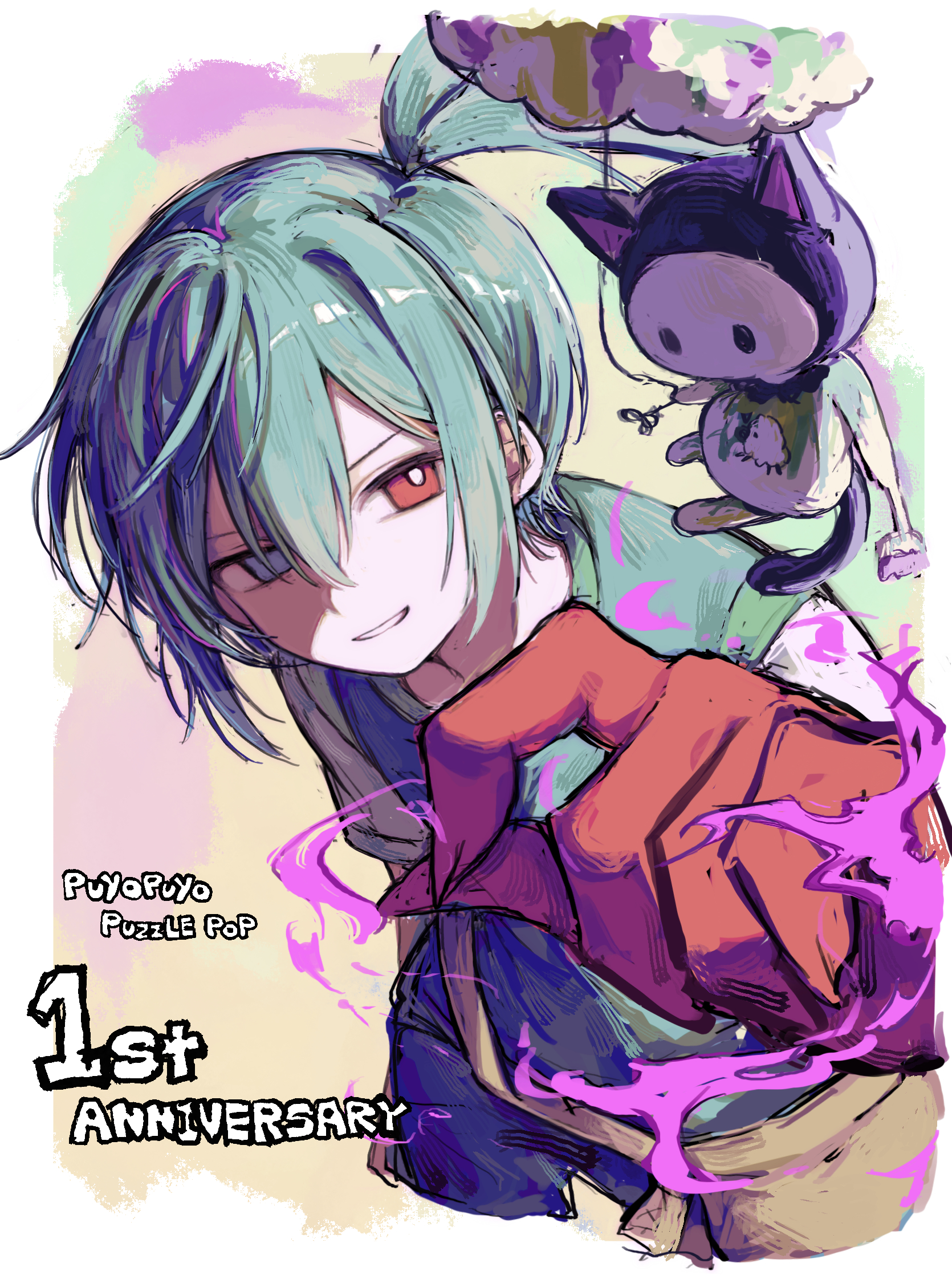 griffon0416, sig (puyopuyo), puyopuyo, puyopuyo puzzle pop, highres, 1boy, anniversary, balloon, blue eyes, blue hair, blue shirt, bright pupils, brown bag, colored skin, grin, hair between eyes, heterochromia, holding, holding balloon, looking at viewer, male focus, meena (puyopuyo), mismatched skin, paintbrush, ponytail, raglan sleeves, red eyes, red skin, shirt, short hair, smile, solo, white pupils, white sleeves