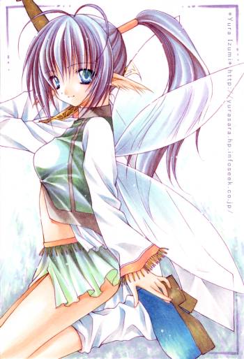izumi yura, 1girl, fairy, female focus, leg warmers, pointy ears, ponytail, solo, white leg warmers, wings