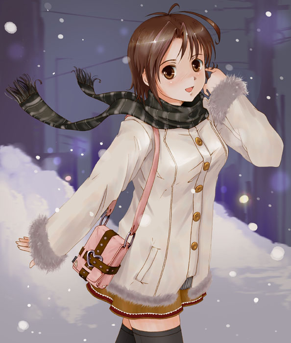 yurikuta tsukumi, original, 1girl, :d, bag, brown eyes, brown hair, cowboy shot, female focus, looking at viewer, open mouth, scarf, short hair, smile, snow, snowing, solo, striped clothes, striped scarf, thighhighs, winter