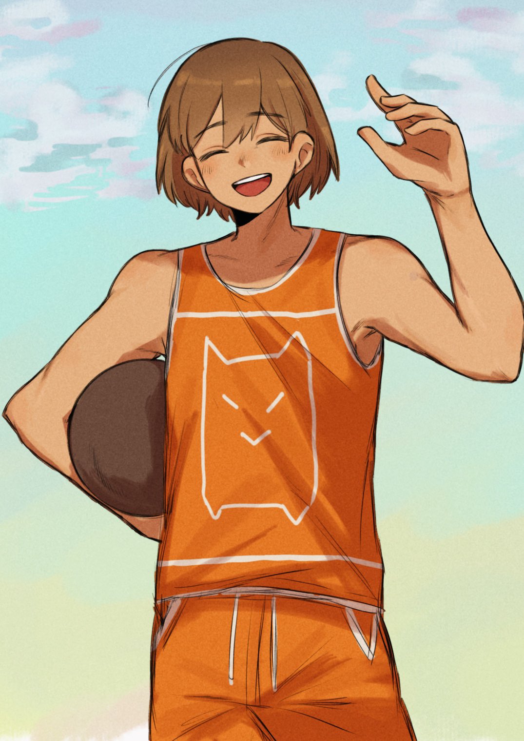 pasuta928008, kel (faraway) (omori), kel (omori), omori, highres, 1boy, arm up, ball, blue sky, blush, brown hair, closed eyes, cloud, collarbone, dark-skinned male, dark skin, day, holding, holding ball, male focus, orange shorts, outdoors, short hair, shorts, sky, smile, solo, teeth, tongue, upper teeth only