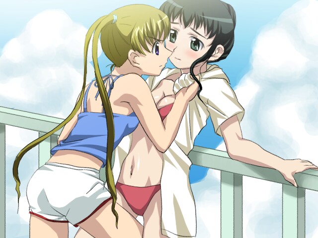 sanshita, kamiizumi yasuna, kurusu tomari, kashimashi, 00s, 2girls, angry, ass, bare shoulders, bikini, black hair, blonde hair, blue shirt, blush, clothes grab, cowboy shot, day, female focus, green eyes, looking at another, multiple girls, navel, open clothes, open shirt, purple eyes, railing, red bikini, shirt, short hair, short shorts, short sleeves, shorts, spaghetti strap, swimsuit, yuri