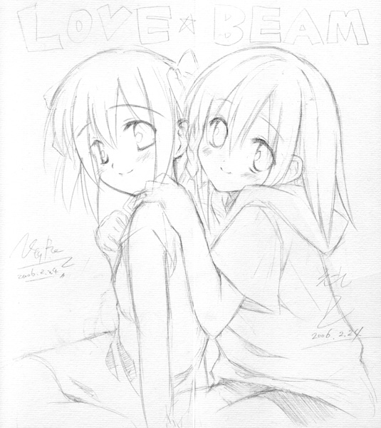 mizoguchi keiji, copyright request, 2girls, greyscale, love beam, monochrome, multiple girls