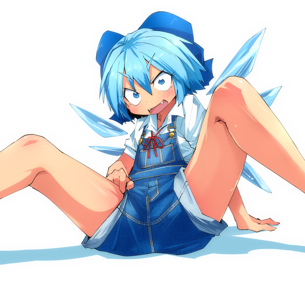 shimizu pem, cirno, touhou, commentary request, 1girl, alternate costume, blue bow, blue eyes, blue hair, blue overalls, blush, bow, collared shirt, fangs, feet out of frame, flat chest, hair between eyes, hair bow, ice, ice wings, looking at viewer, neck ribbon, open mouth, overalls, red ribbon, ribbon, shirt, short hair, short sleeves, simple background, sitting, smile, solo, spread legs, white background, white shirt, wings