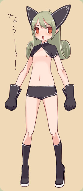 mota, 1girl, :o, animal ears, black gloves, boots, breasts, brown hair, cat ears, curly hair, female focus, flapper shirt, flat chest, gloves, headgear, long hair, midriff, navel, nipples, no bra, open mouth, red eyes, shirt, short shorts, shorts, solo, underboob