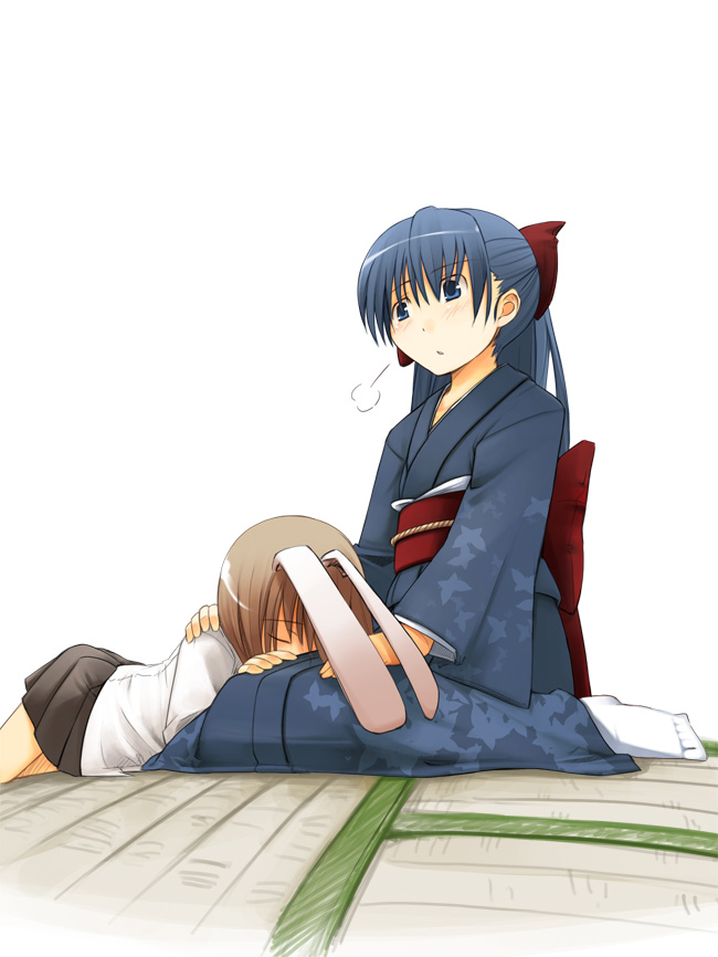 jirou (chekoro), white legwear, 2girls, animal ears, animal print, blue eyes, blue hair, blush, brown hair, butterfly print, closed eyes, hair ribbon, half updo, hand on another's shoulder, japanese clothes, kimono, lap pillow, long hair, lying, multiple girls, no shoes, obi, on floor, on stomach, pleated skirt, rabbit ears, red ribbon, ribbon, sash, sitting, skirt, socks, tatami