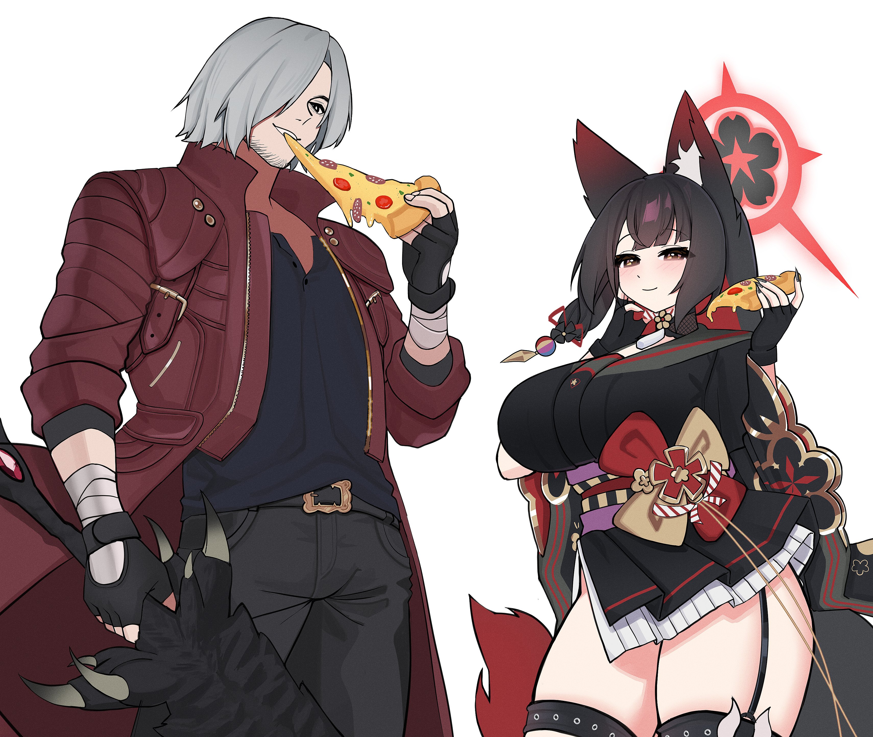 silenzuka, dante (devil may cry), wakamo (blue archive), blue archive, devil may cry (series), absurdres, highres, 1boy, 1girl, animal ear fluff, animal ears, black garter straps, black gloves, black hair, black kimono, black nails, black pants, blue shirt, blush, breasts, closed mouth, colored inner hair, floral print, floral print kimono, food, fox ears, fox girl, fox tail, garter straps, gloves, grey hair, grey sailor collar, hair over one eye, halo, holding, holding food, holding pizza, holding sword, holding weapon, jacket, japanese clothes, kimono, large breasts, looking at viewer, multicolored hair, obi, pants, pizza, print kimono, purple sash, red hair, red halo, red jacket, sailor collar, sash, shirt, short hair, side slit, skirt, smile, sword, tail, thick thighs, thigh strap, thighs, two-tone hair, weapon, white skirt, yellow eyes
