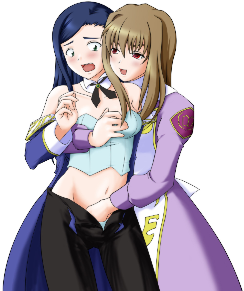 natsuki kruger, shizuru viola, my-otome, 00s, 2girls, bare shoulders, blue panties, blush, breasts, choker, cloak, fingering, grabbing another's breast, groping, hand in panties, long sleeves, medium breasts, meister otome uniform, midriff, multiple girls, navel, panties, pants, strapless, underwear, yuri