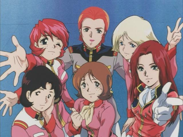 christina mackenzie, fraw bow, matilda ajan, maureen kitamura, mirai yashima, sayla mass, gundam, gundam 0080, gundam side story: the blue destiny, mobile suit gundam, 1980s (style), anime screenshot, 6+girls, ascot, earth federation, everyone, finger gun, in-franchise crossover, military, military uniform, multiple girls, oldschool, retro artstyle