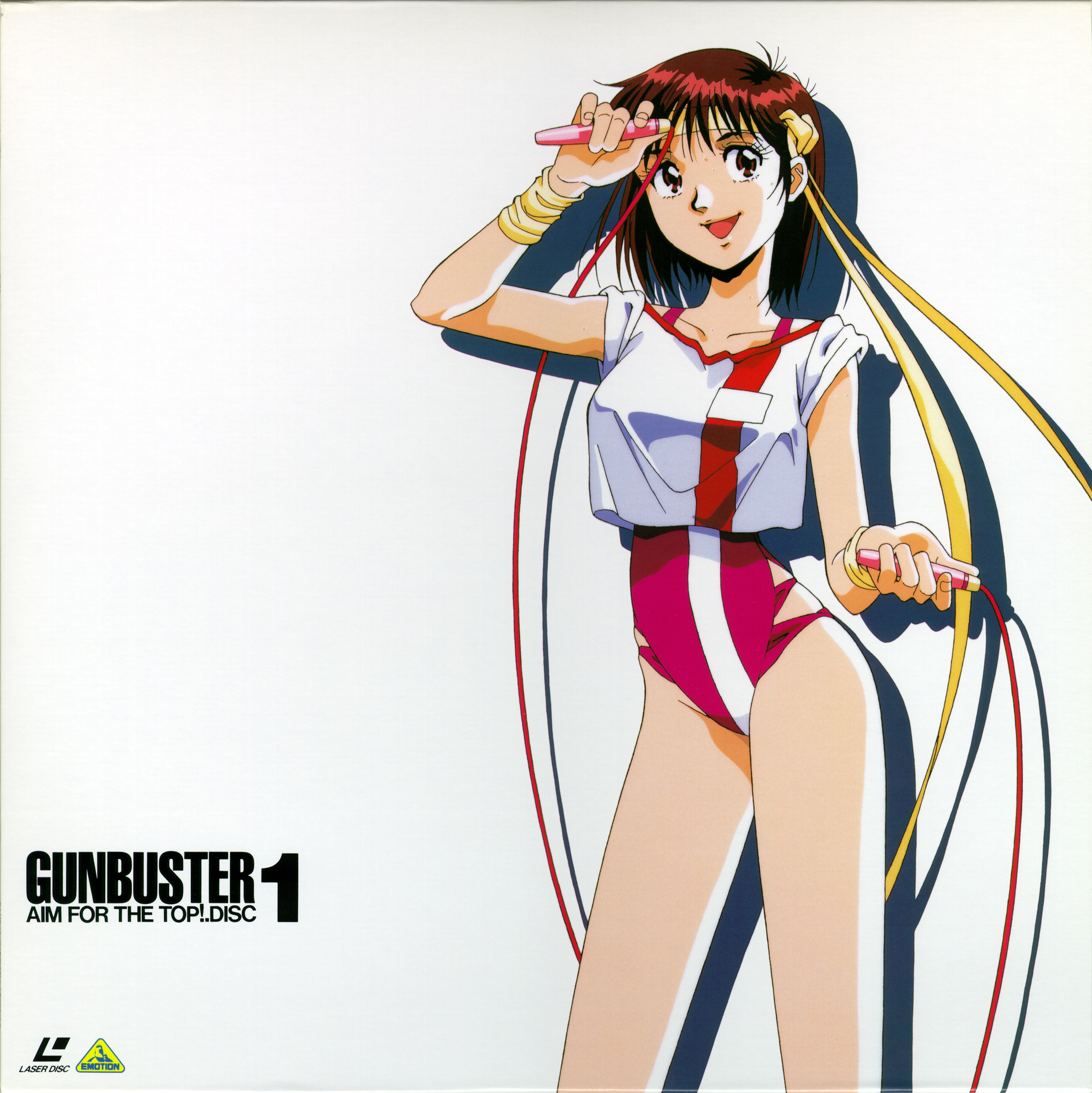takaya noriko, top wo nerae!, top wo nerae! (series), 1980s (style), absurdres, highres, 1girl, brown eyes, brown hair, copyright name, cover, dvd cover, female focus, headband, jump rope, legs, leotard, oldschool, retro artstyle, simple background, smile, solo, white background, wristband