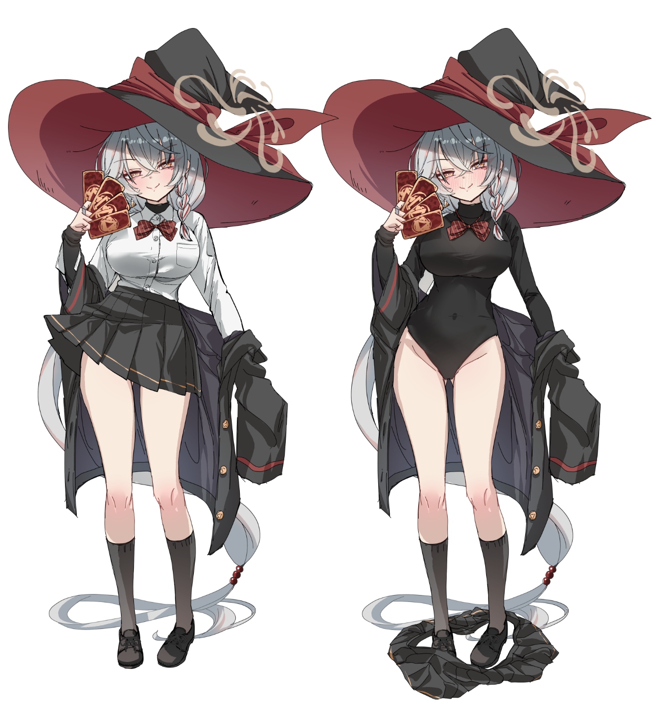 eri (blue archive), blue archive, ankle socks, bow, bowtie, braid, card, halo, hat, head tilt, holding, holding card, jacket, jacket partially removed, legs, leotard, long coat, long hair, navel, shirt, shoes, skirt, socks, sweater, thighs, unworn shirt, unworn skirt, white hair, witch hat