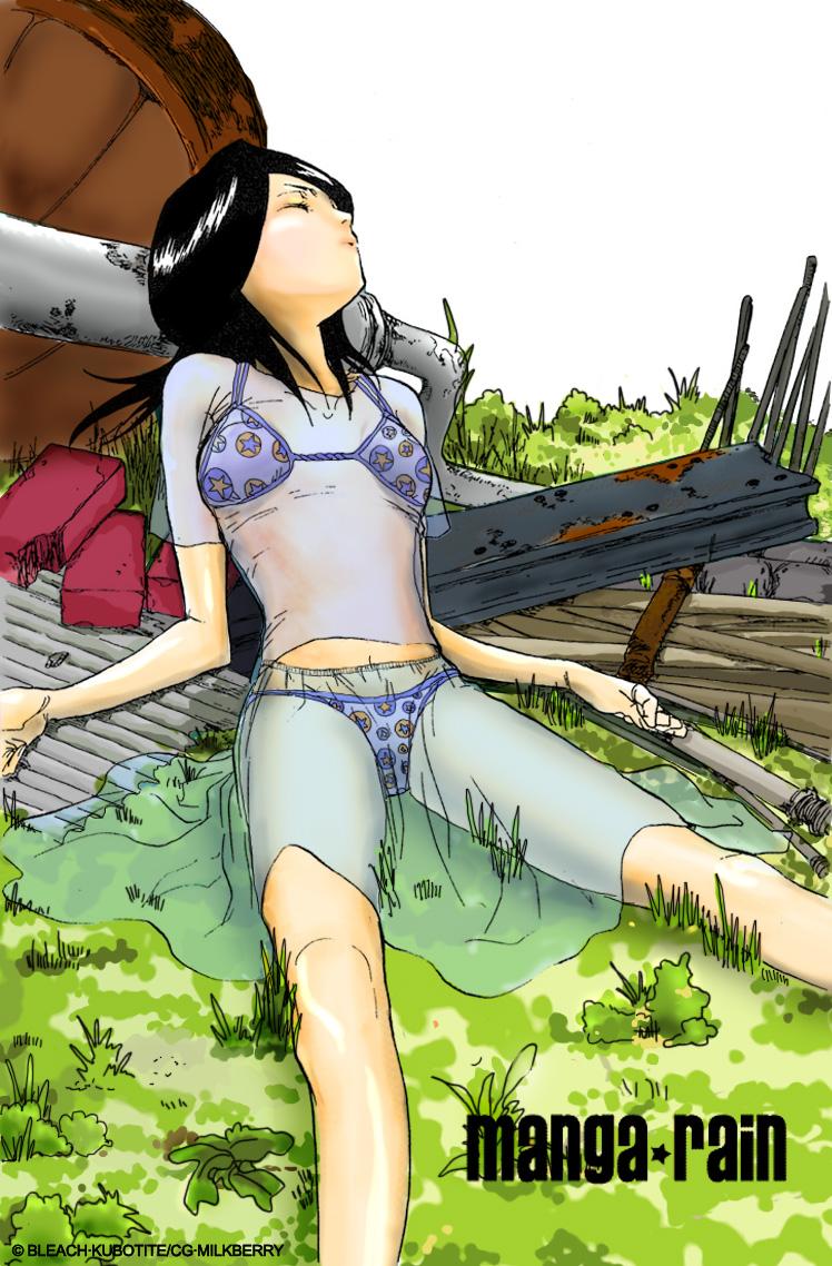 kubo tite, kuchiki rukia, bleach, 00s, 1girl, black hair, blue bra, blue panties, bra, closed eyes, copyright name, female focus, lingerie, panties, print bra, print panties, see-through clothes, shirt, sitting, skirt, solo, underwear