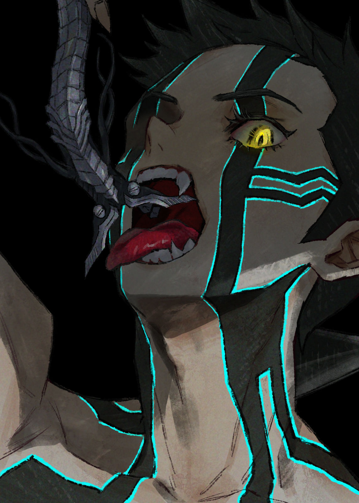 kusodekablack, demi-fiend, shin megami tensei, shin megami tensei iii: nocturne, highres, 1boy, black background, black hair, body markings, eyelashes, looking at viewer, male focus, shaded face, short hair, simple background, solo, teeth, tongue, tongue out, upper body, wide-eyed, yellow eyes