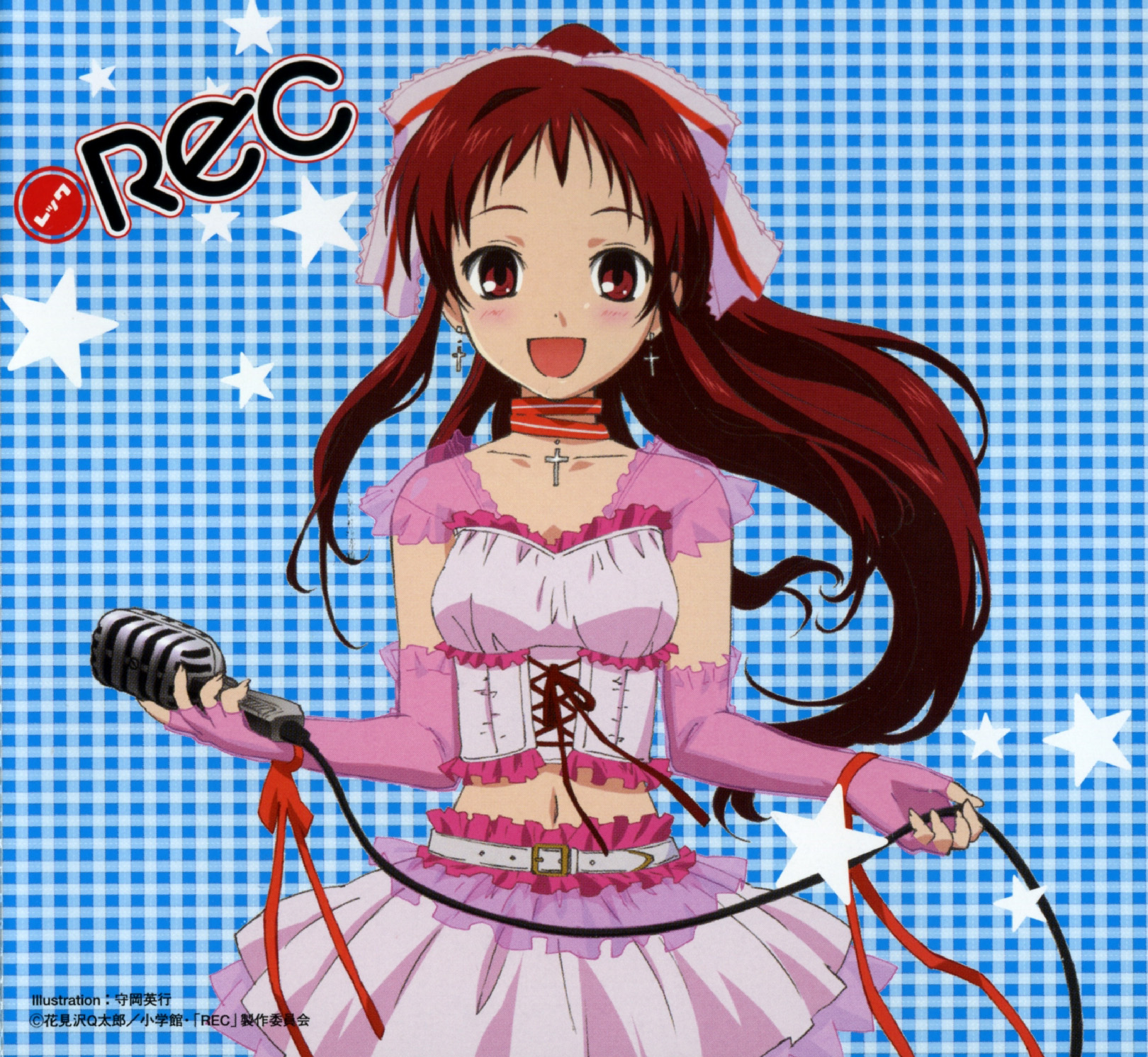 morioka hideyuki, onda aka, rec (manga), highres, official art, 00s, 1girl, :d, belt, blush, breasts, choker, corset, crop top, cross, cross earrings, earrings, elbow gloves, female focus, fingerless gloves, frills, gloves, hair ribbon, idol, jewelry, latin cross, long hair, looking at viewer, microphone, midriff, navel, open mouth, pink gloves, plaid background, red eyes, red hair, ribbon, see-through clothes, skirt, small breasts, smile, solo, star (symbol), star symbol background