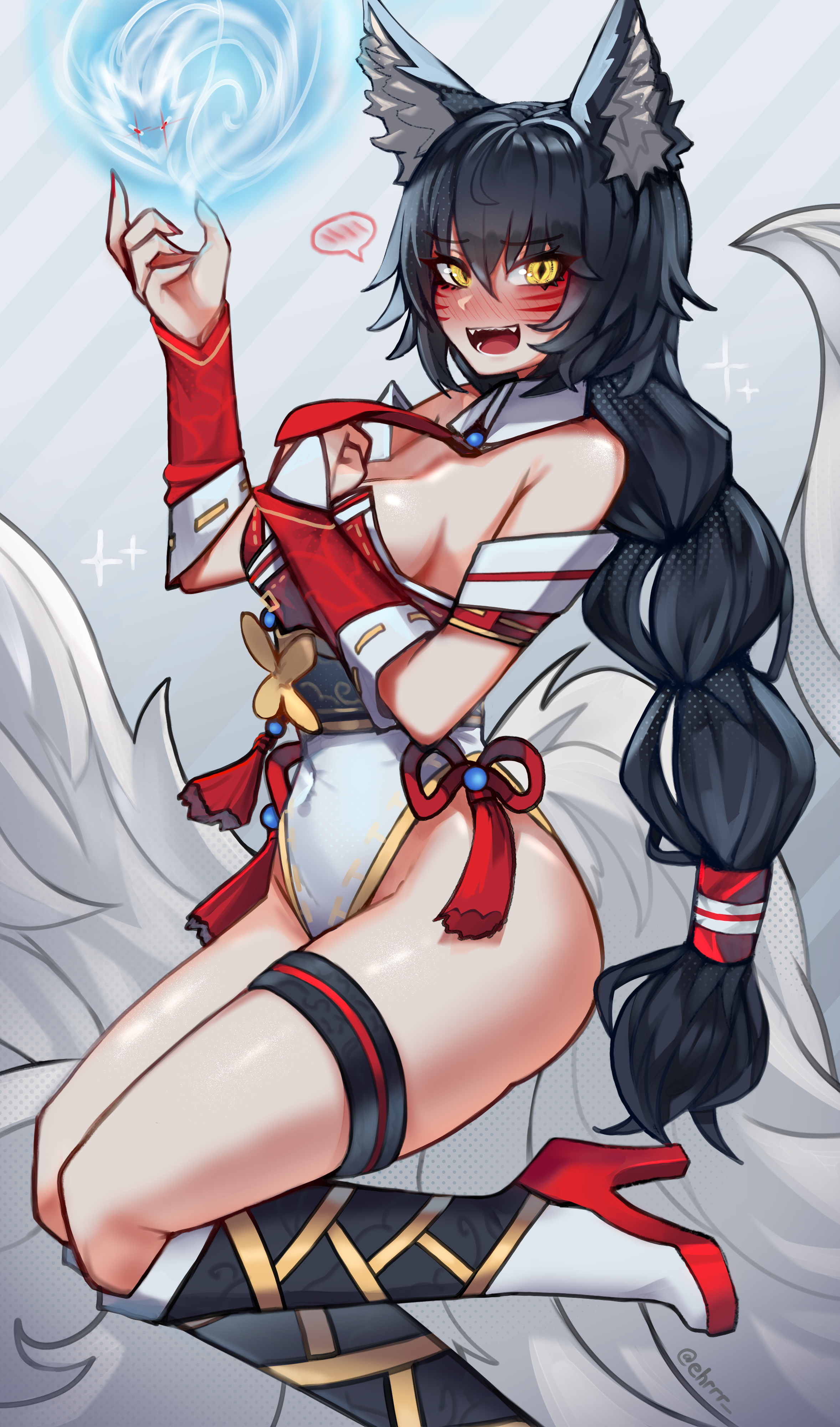 ehrrr, ahri (league of legends), league of legends, absurdres, highres, 1girl, alternate costume, animal ears, black hair, blush, boots, breasts, covered navel, detached collar, energy ball, facial mark, fox ears, fox girl, fox tail, grey background, high heel boots, high heels, highleg, highleg leotard, leotard, long hair, looking at viewer, medium breasts, multiple tails, necktie, nontraditional playboy bunny, nose blush, open mouth, ponytail, red necktie, sideboob, slit pupils, solo, sparkle, spoken blush, strapless, strapless leotard, tail, thigh strap, twitter username, whisker markings, wrist cuffs, yellow eyes