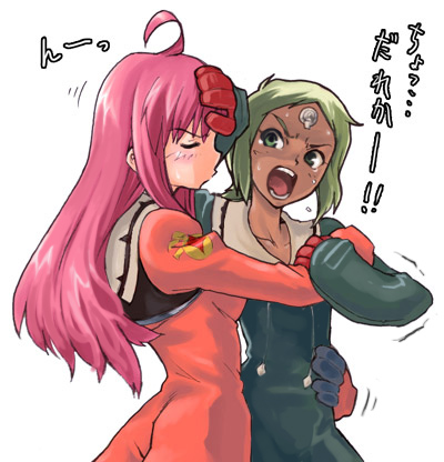 lal'c mellk mal, nono (top wo nerae 2!), top wo nerae! (series), top wo nerae 2!, lowres, 00s, 2girls, ahoge, blonde hair, blush, bodysuit, closed eyes, dark-skinned female, dark skin, embarrassed, long hair, multiple girls, pink hair, square-a-meters, sweat, yuri