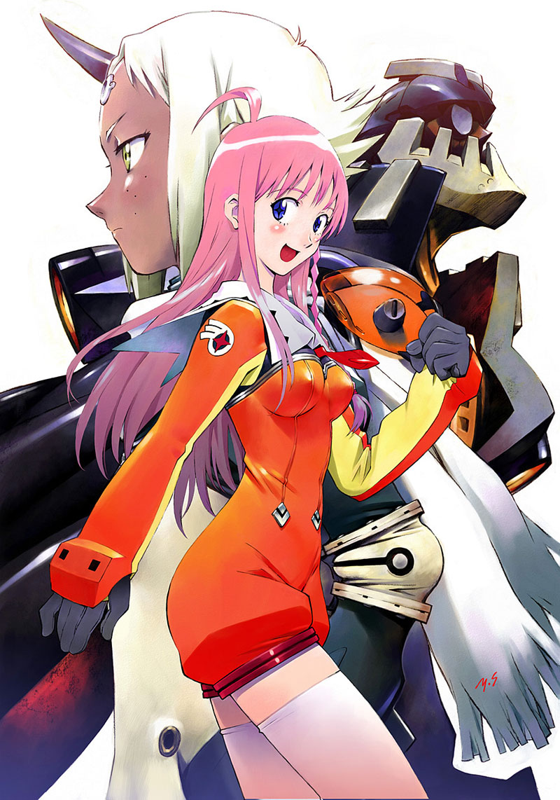 sadamoto yoshiyuki, dix-neuf, lal'c mellk mal, nono (top wo nerae 2!), top wo nerae! (series), top wo nerae 2!, white legwear, scan, 00s, 2girls, ahoge, ascot, braid, facial mark, forehead mark, gloves, mecha, multiple girls, robot, romper, sailor collar, scarf, thighhighs, thumb hole