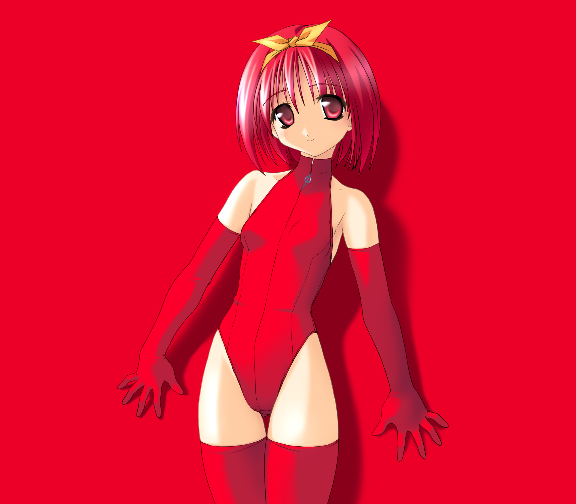 norizou type-r, kamigishi akari, to heart, to heart (series), highres, 1girl, bodysuit, bow, breasts, cowboy shot, elbow gloves, female focus, gloves, hair ribbon, hairband, halterneck, leotard, light smile, looking at viewer, pink hair, red background, red eyes, red gloves, red hair, red leotard, red theme, red thighhighs, ribbon, shadow, short hair, simple background, small breasts, smile, solo, standing, thigh gap, thighhighs, turtleneck, yellow bow, zipper
