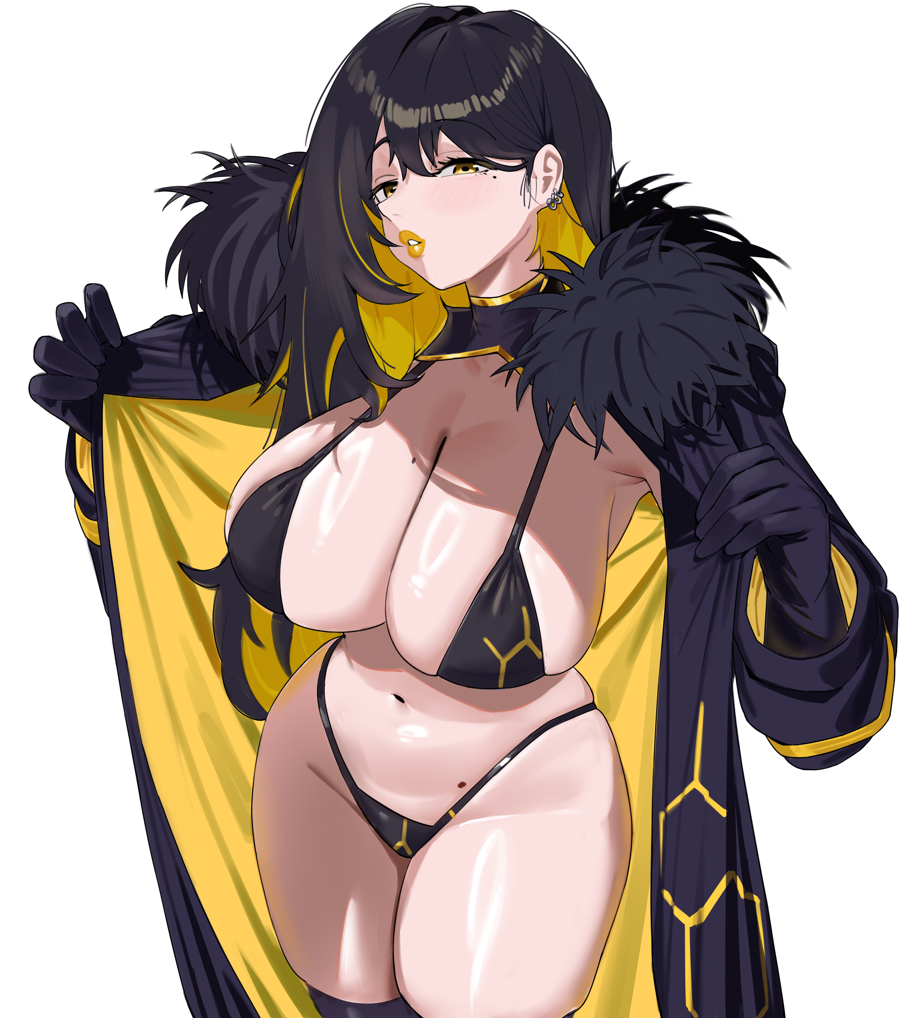 r-dragon, binah (project moon), lobotomy corporation, project moon, absurdres, commentary, highres, 1girl, asymmetrical hair, bikini, black bikini, black gloves, black hair, black thighhighs, blonde hair, blush, breasts, cleavage, coat, colored inner hair, cowboy shot, earrings, elbow gloves, fur-trimmed coat, fur trim, gloves, jewelry, large breasts, long hair, looking at viewer, mole, mole on breast, mole on crotch, mole under eye, multicolored hair, navel, open clothes, open coat, shiny skin, simple background, solo, swimsuit, thighhighs, white background, yellow eyes, yellow lips