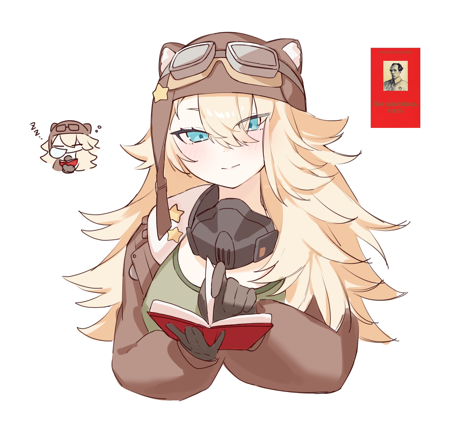 mr (1937mrtary), lilya (reverse:1999), reverse:1999, highres, 1girl, animal ear headwear, blonde hair, blue eyes, book, brown gloves, brown hat, brown jacket, chibi, chibi inset, fake animal ears, gloves, goggles, goggles on headwear, green shirt, hat, holding, holding book, jacket, long hair, looking down, nose bubble, open book, reading, shirt, sleeping, sleeping upright, smile, solo, upper body, white background, zzz