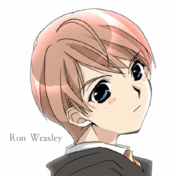 koge donbo, ron weasley, harry potter (series), wizarding world, 1boy, animification, blue eyes, character name, english text, freckles, male focus, necktie, orange hair, school uniform, simple background, solo, striped necktie, white background