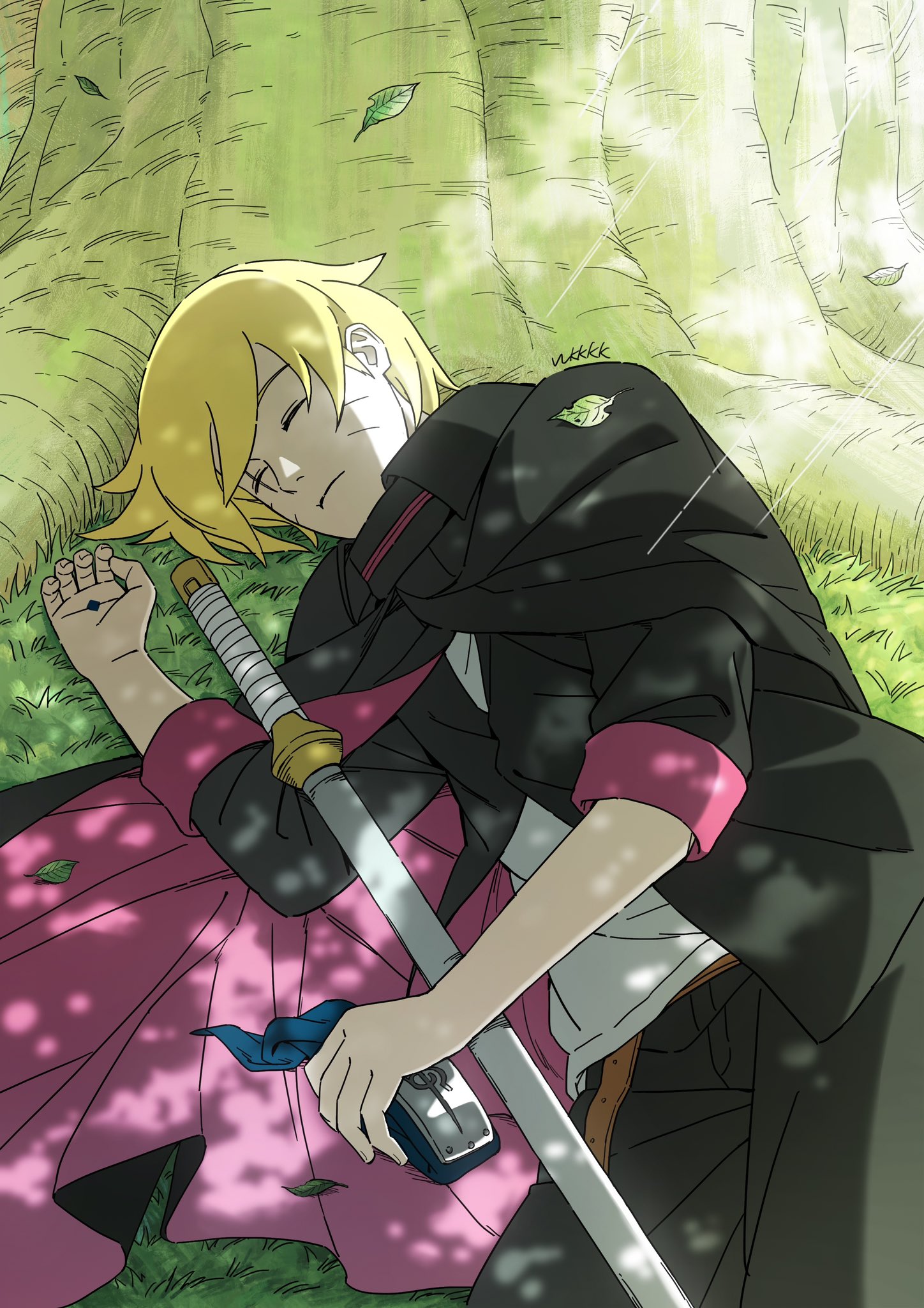 weibinln, uzumaki boruto, boruto: naruto next generations, naruto (series), highres, 1boy, black cape, black shirt, blonde hair, cape, closed eyes, facial mark, forehead protector, leaf, male focus, scar, scar across eye, scar on face, shirt, sleeping, solo, sword, tree, weapon, whisker markings, white shirt
