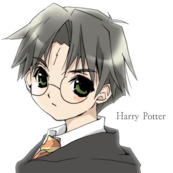 koge donbo, harry potter, harry potter (series), wizarding world, 1boy, animification, black hair, character name, glasses, green eyes, male focus, scar, scar on face, scar on forehead, solo
