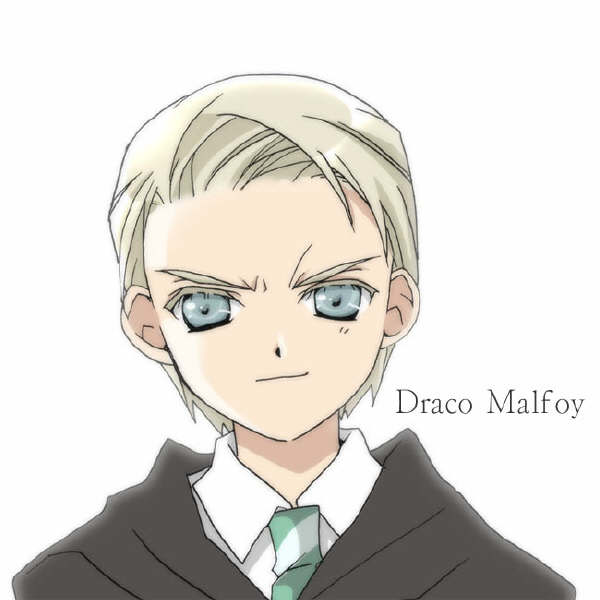 koge donbo, draco malfoy, harry potter (series), wizarding world, 1boy, animification, blonde hair, blue eyes, character name, male focus, necktie, simple background, solo, upper body