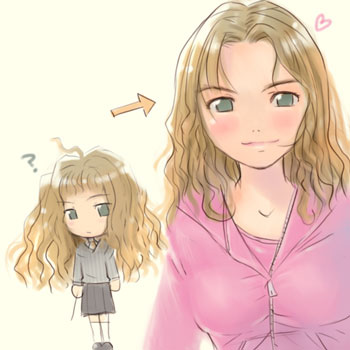 hermione granger, harry potter (series), wizarding world, lowres, ?, ahoge, alternate eye color, arrow (symbol), blush, brown hair, comparison, green eyes, heart, school uniform, serafuku, smile, wand, warmup jacket