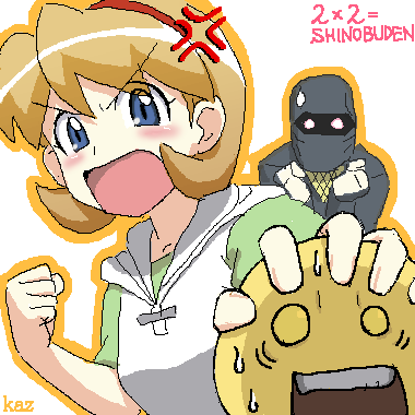 onsokumaru, sasuke, shiranui kaede, ninin ga shinobuden, grabbing, lowres, >:d, 00s, 1girl, :d, anger vein, angry, blonde hair, blue eyes, blush, cloak, glowing, glowing eyes, hairband, ninja, oekaki, open mouth, red eyes, scared, simple background, smile, sweatdrop, upper body, v-shaped eyebrows, white background