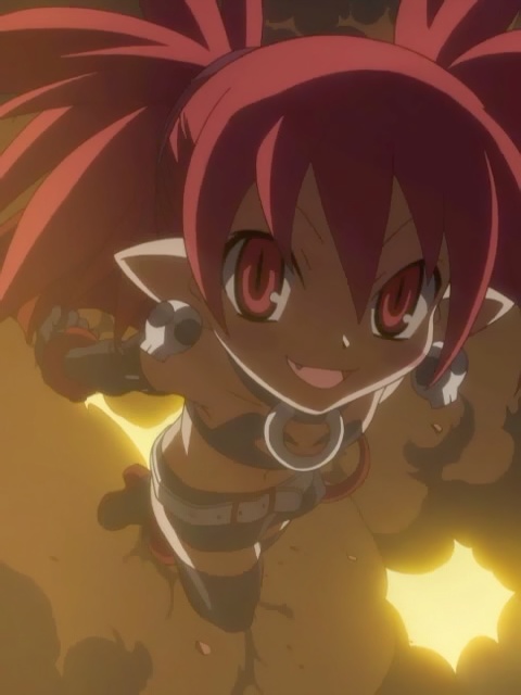 etna (disgaea), disgaea, makai senki disgaea, anime screenshot, 00s, 1girl, demon girl, female focus, red hair, solo, thighhighs