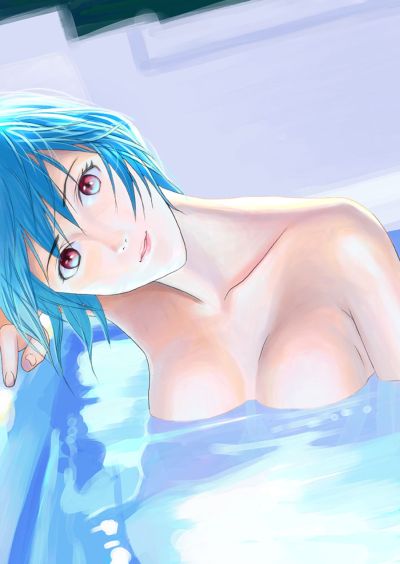 ayanami rei, neon genesis evangelion, artist request, 1girl, bath, blue hair, breasts, completely nude, female focus, large breasts, nude, pale skin, red eyes, short hair, solo