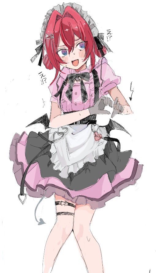aaesan0118, ange katrina, nijisanji, commentary request, translation request, 1girl, :d, @ @, apron, arrow (symbol), black wings, blue eyes, blush, cafe cutemare uniform, collared shirt, demon tail, demon wings, dot nose, double-parted bangs, double bun, embarrassed, feet out of frame, frilled apron, frilled shirt, frills, gingham ribbon, gloves, gradient eyes, grey gloves, grey headdress, grey ribbon, grey skirt, grey tail, hair between eyes, hair bun, hair intakes, heart, heart hands, high-waist skirt, knees together feet apart, layered skirt, low wings, maid headdress, mini wings, miniskirt, multicolored eyes, multiple thigh straps, neck ribbon, nervous sweating, open mouth, pink eyes, pink shirt, pink skirt, red hair, ribbon, shirt, shirt tucked in, short sleeves, simple background, sketch, skirt, smile, solo, suspenders, sweat, tail, virtual youtuber, waist apron, waitress, white apron, white background, wings